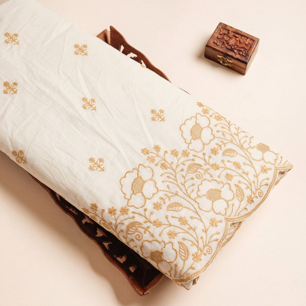 Cream Floral Embroidery Cotton Fabric