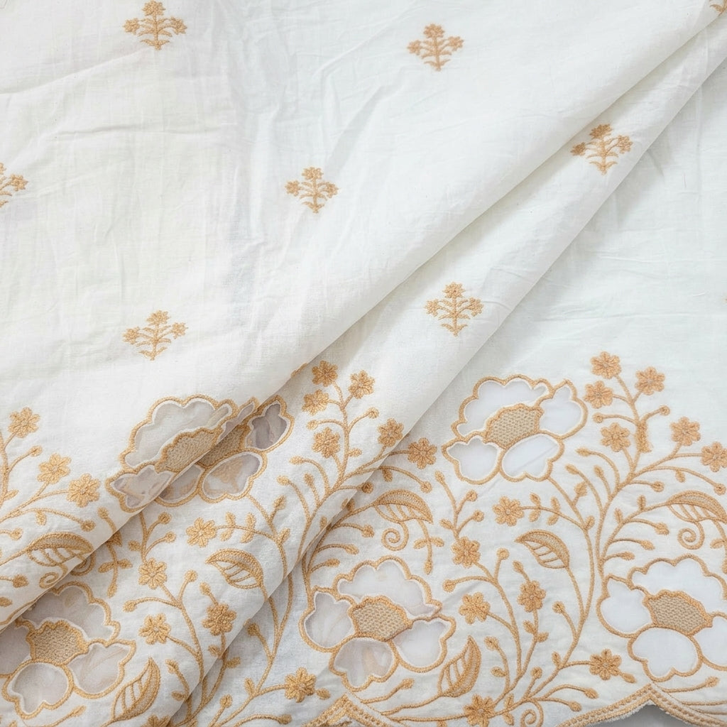 Cream Floral Embroidery Cotton Fabric