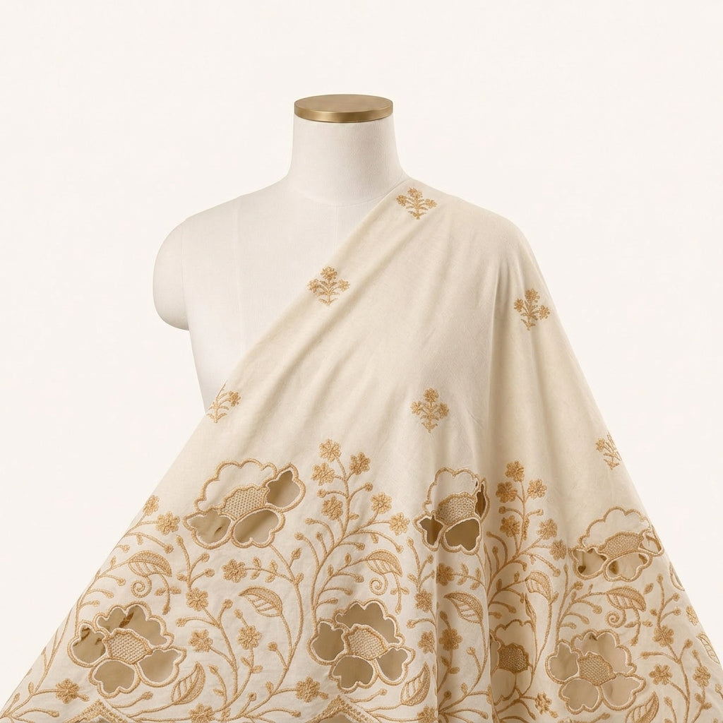 Cream Floral Embroidery Cotton Fabric