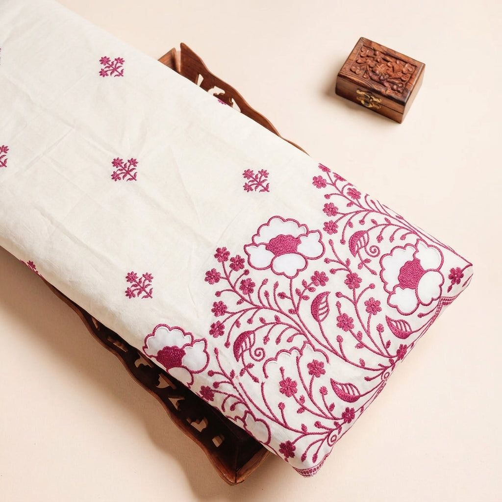 Cream Floral Embroidery Cotton Fabric