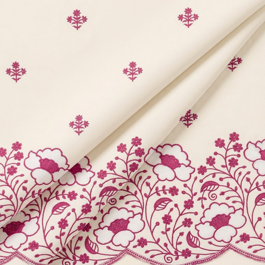 Cream Floral Embroidery Cotton Fabric