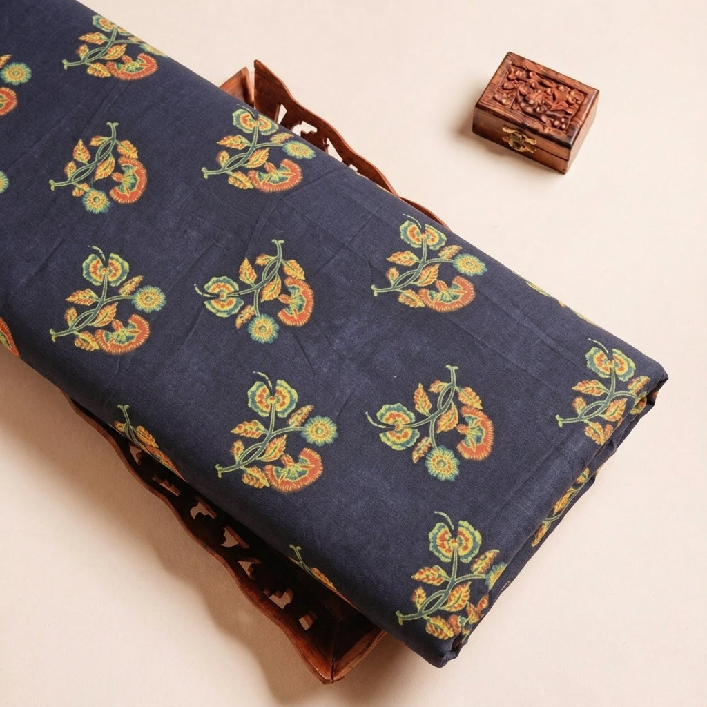 Folded Black Ajrakh Cotton Fabric Highlighting Floral and Texture
