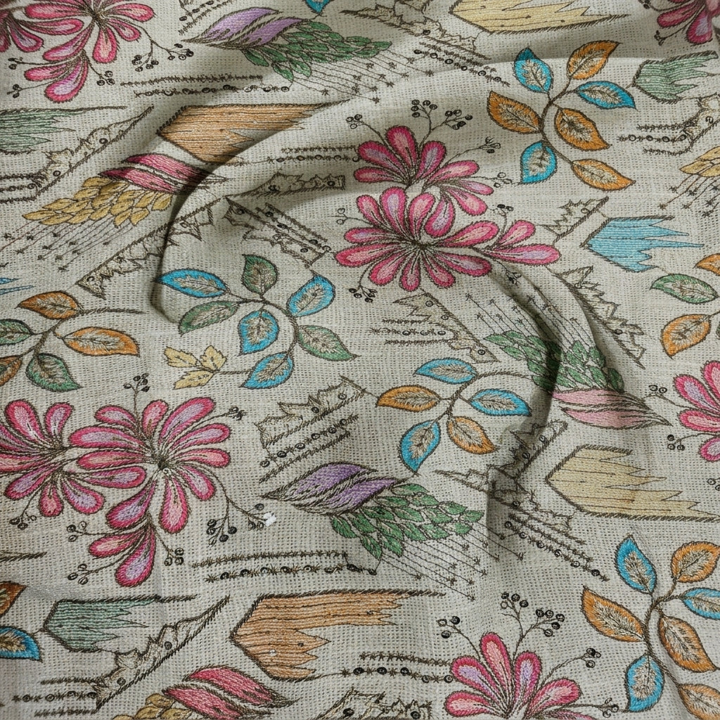 Swirled Embroidery Cream Embroidery Jute Fabric