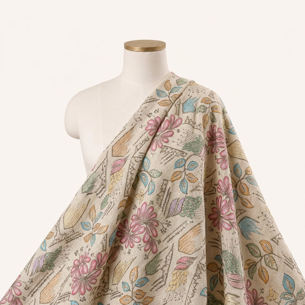 Embroidery Cream Embroidery Jute Fabric Draped as a saree