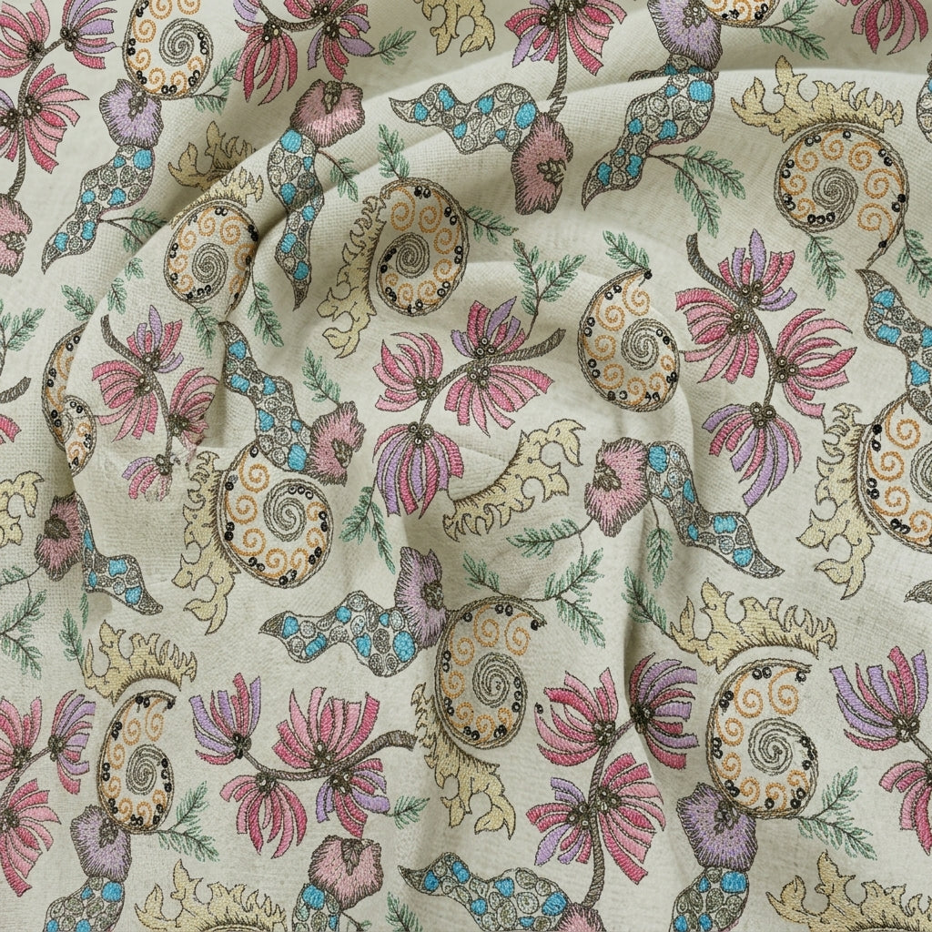 Swirled Embroidery Cream Embroidery Jute Fabric