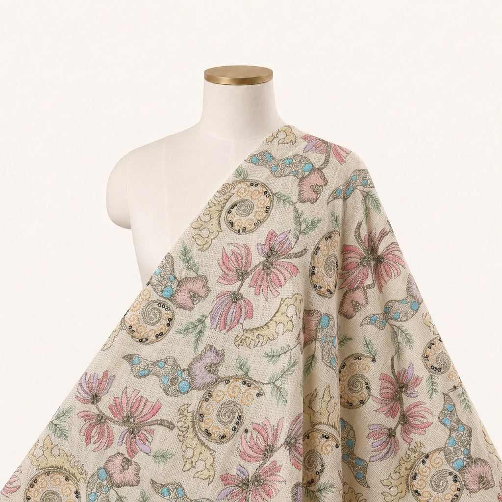 Embroidery Cream Embroidery Jute Fabric Draped as a saree