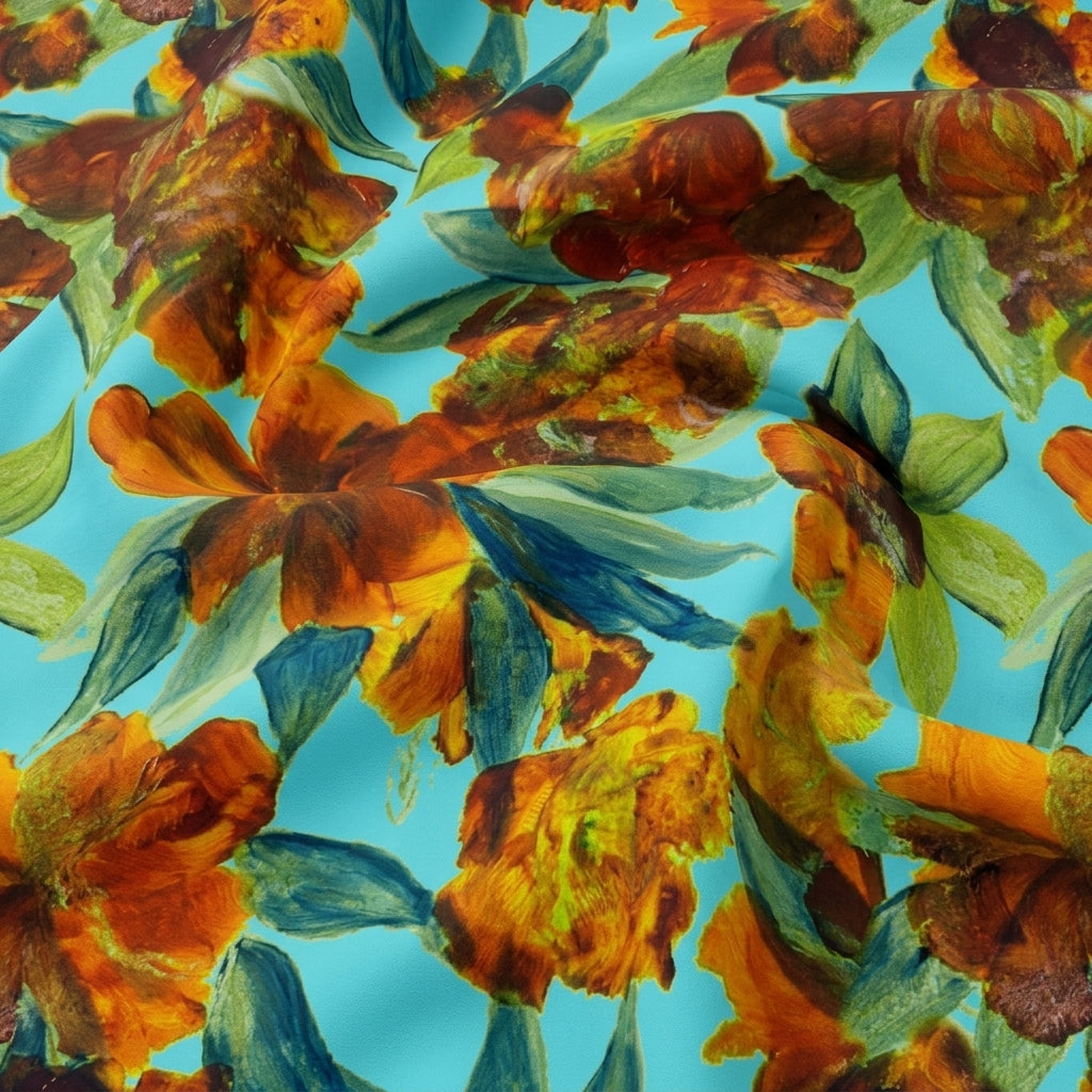 Swirled Floral Blue Floral Satin Fabric