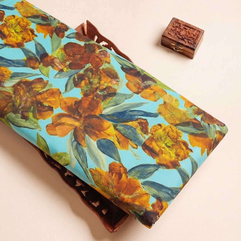 Floral Blue Floral Satin Fabric on a wooden tray