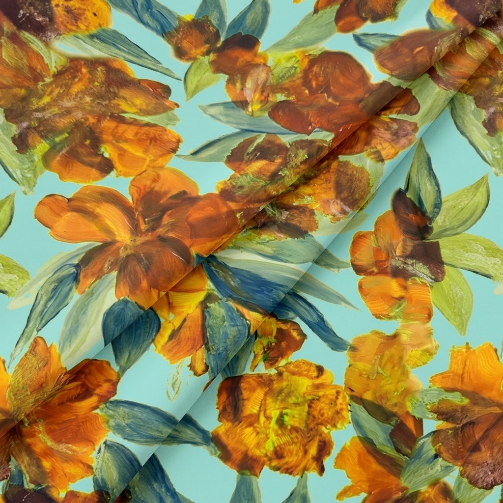 Folded Floral Blue Floral Satin Fabric