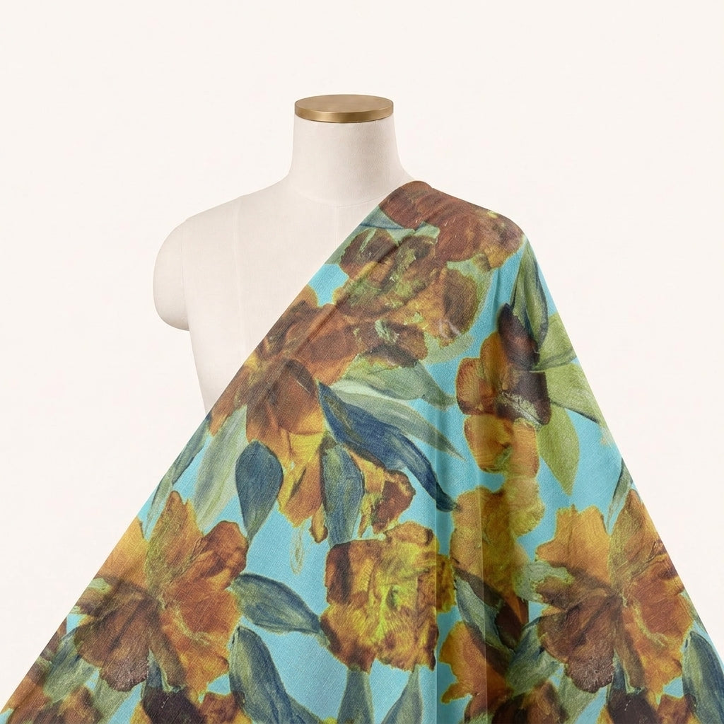 Floral Blue Floral Satin Fabric Draped as a saree