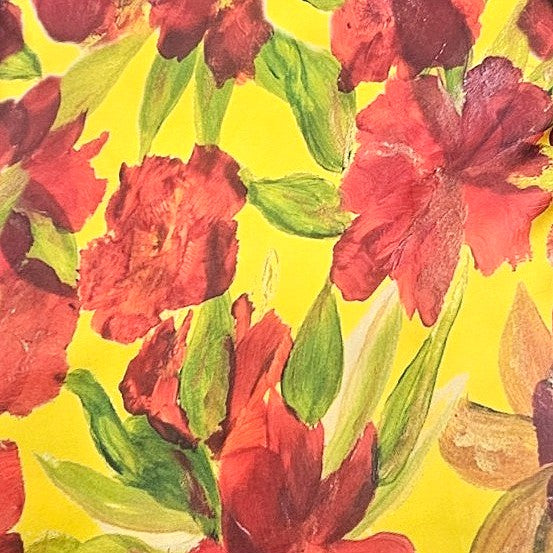 Yellow Floral Satin Fabric, laid flat