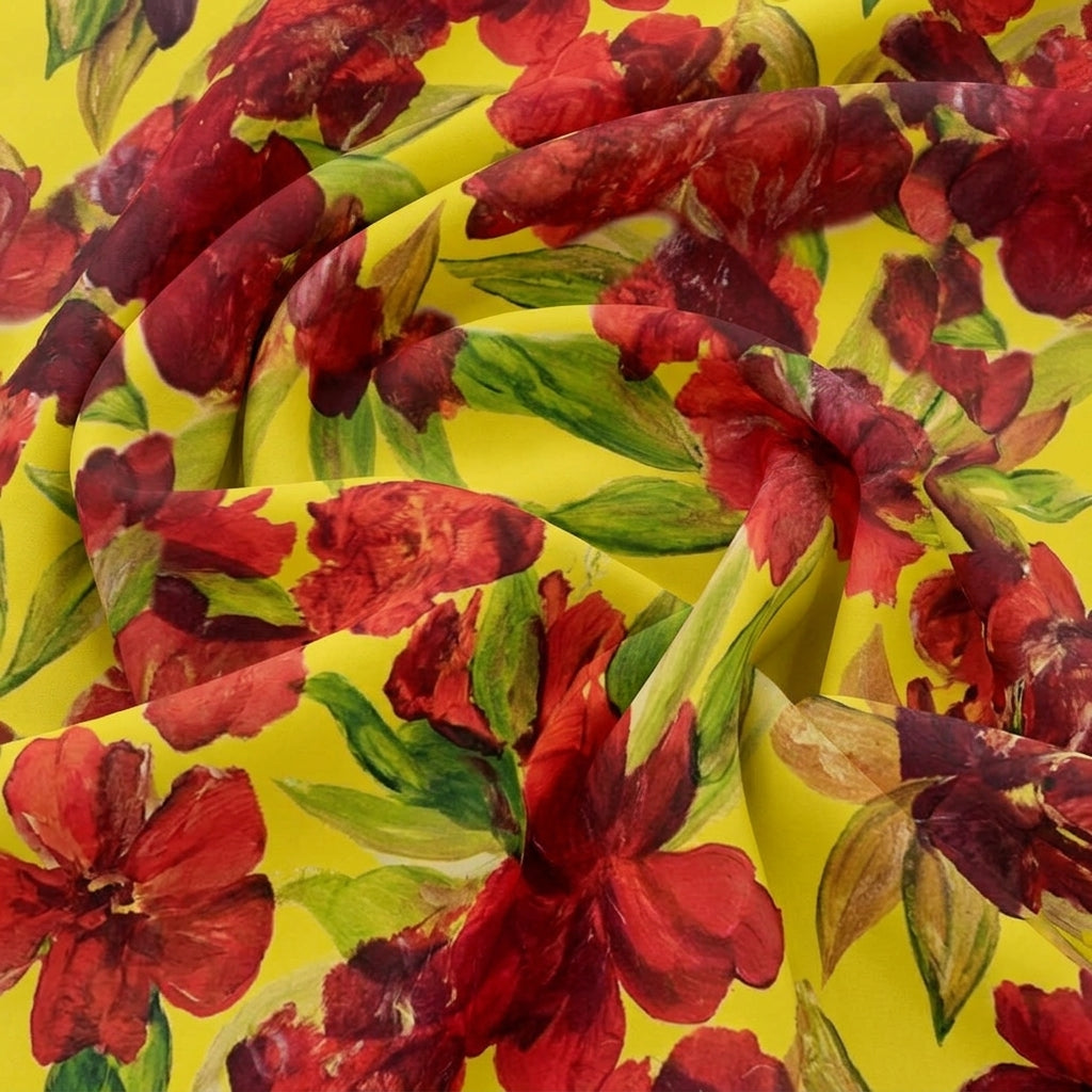 Swirled Yellow Floral Satin Fabric Showing Drape