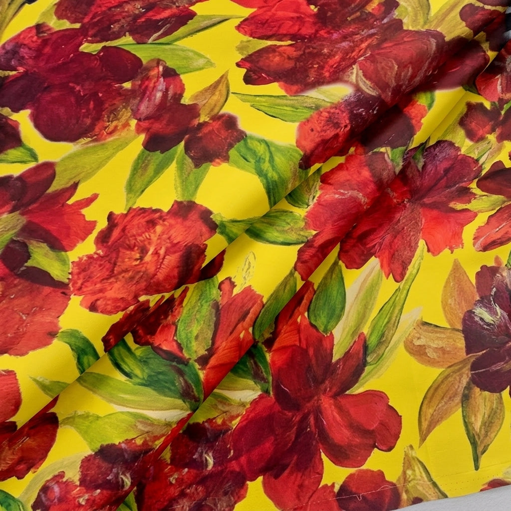 Folded Yellow Floral Satin Fabric