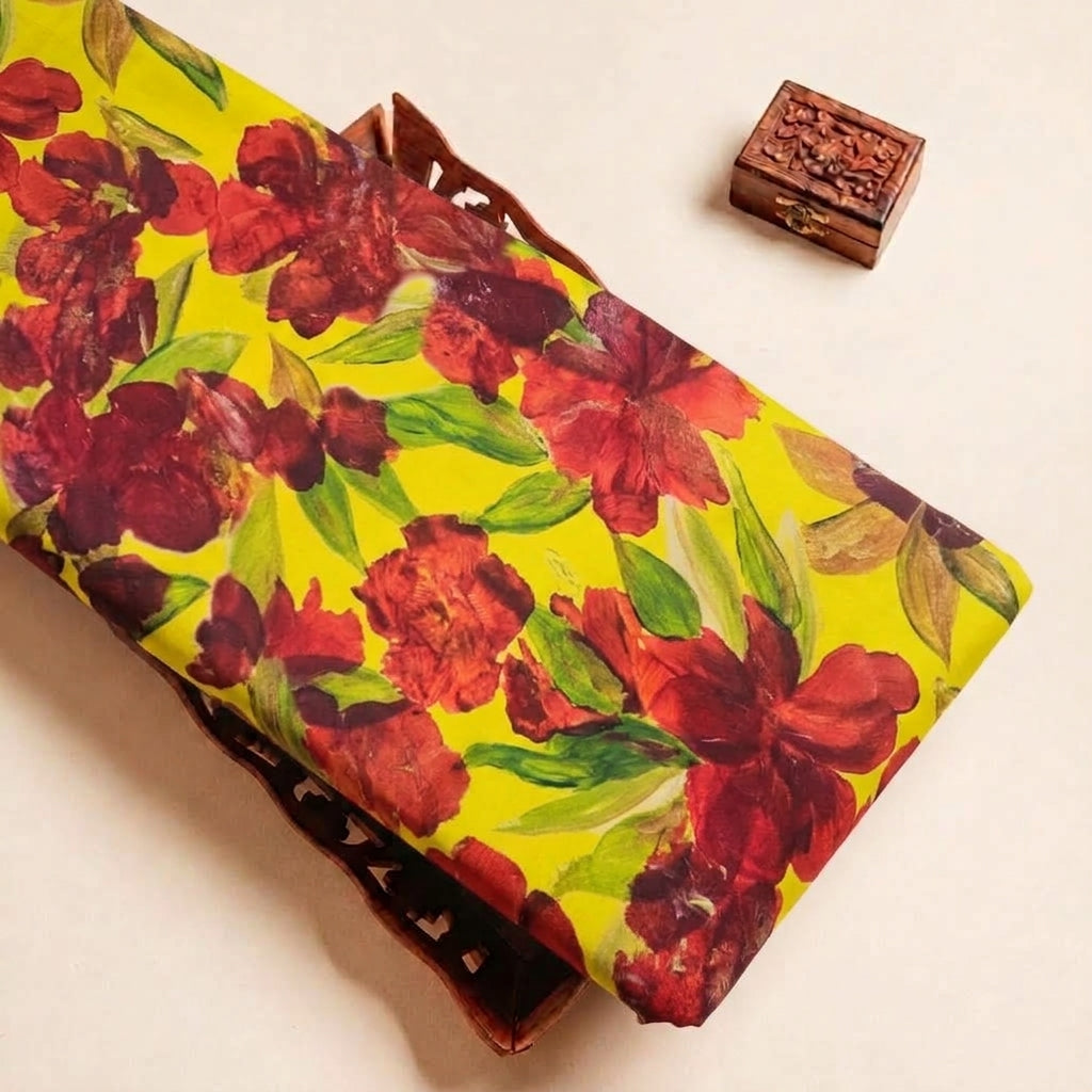 Yellow Floral Satin Fabric, folded