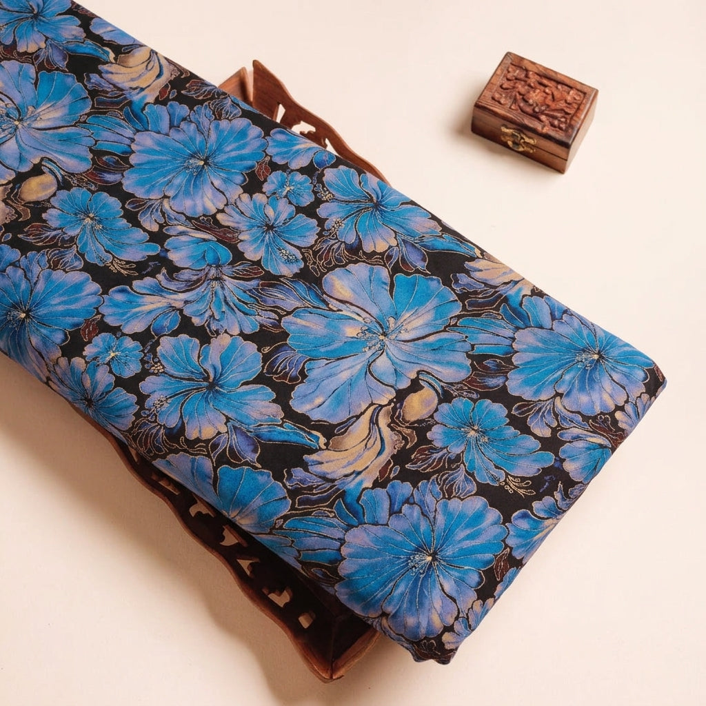 Floral Brown Floral Satin Fabric on a wooden tray