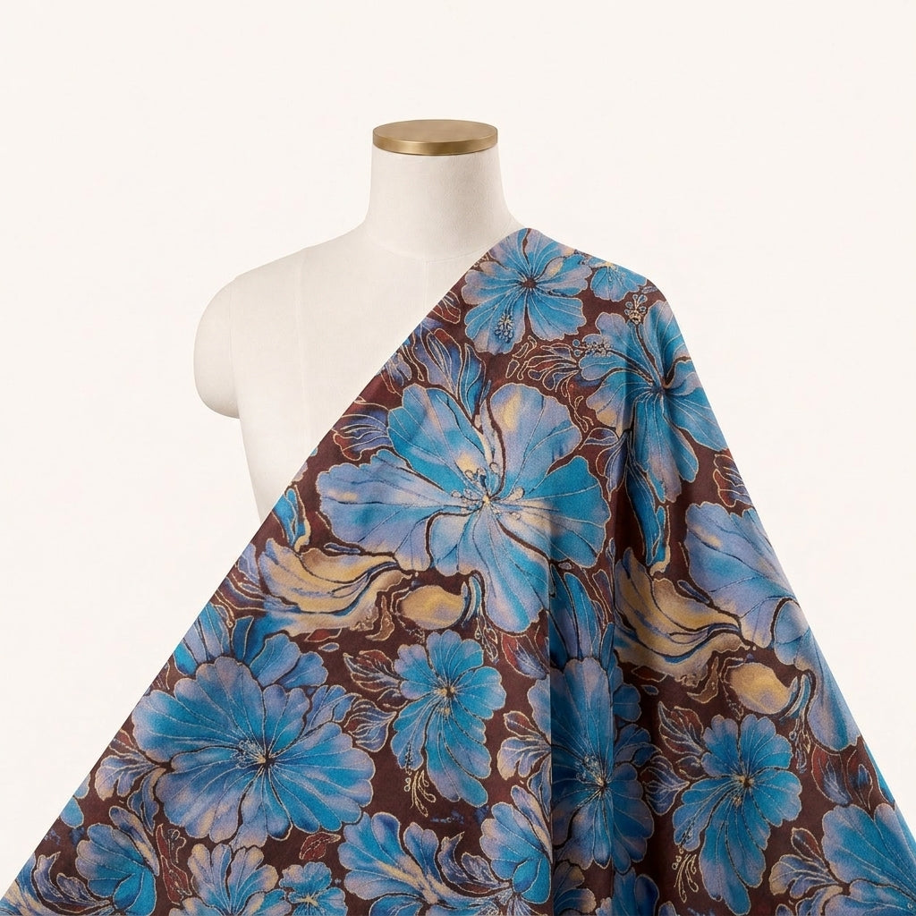 Floral Brown Floral Satin Fabric Draped as a saree