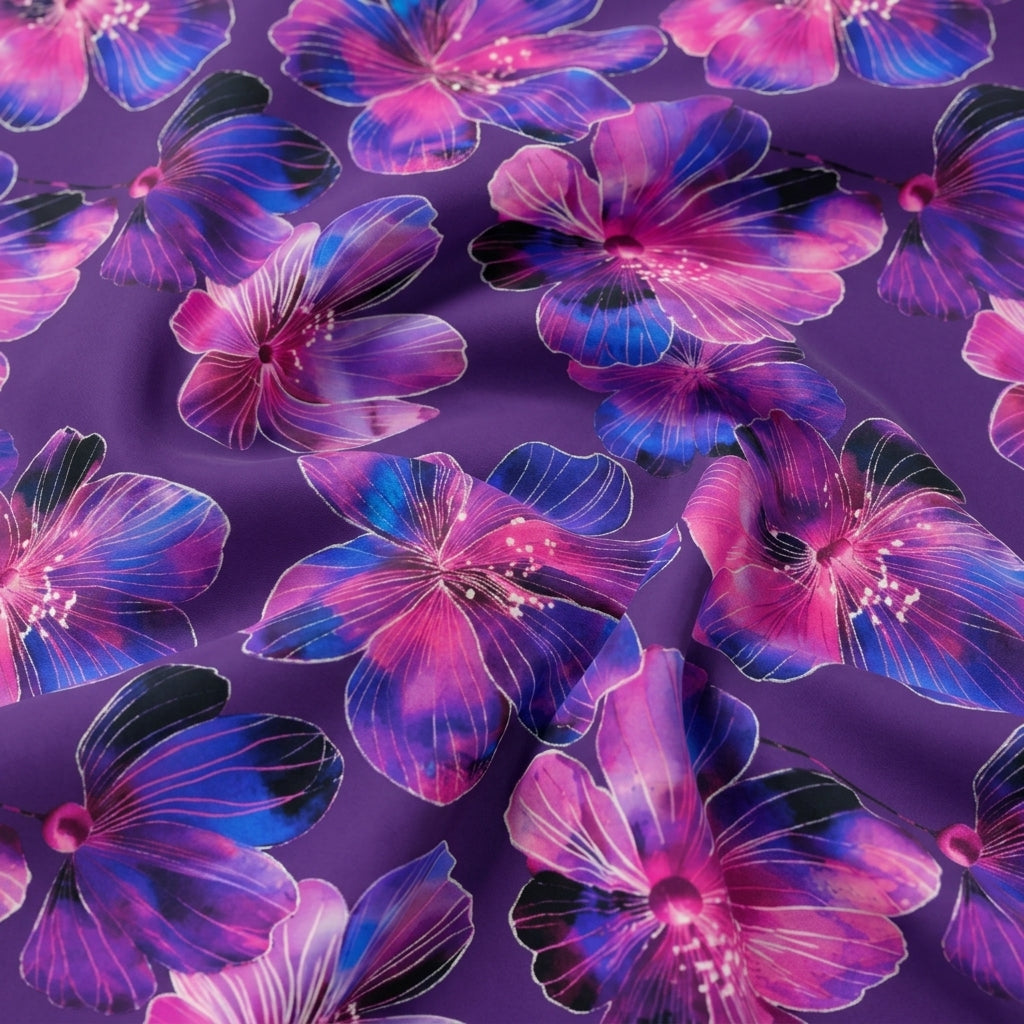 Swirled Floral Purple Floral Satin Fabric