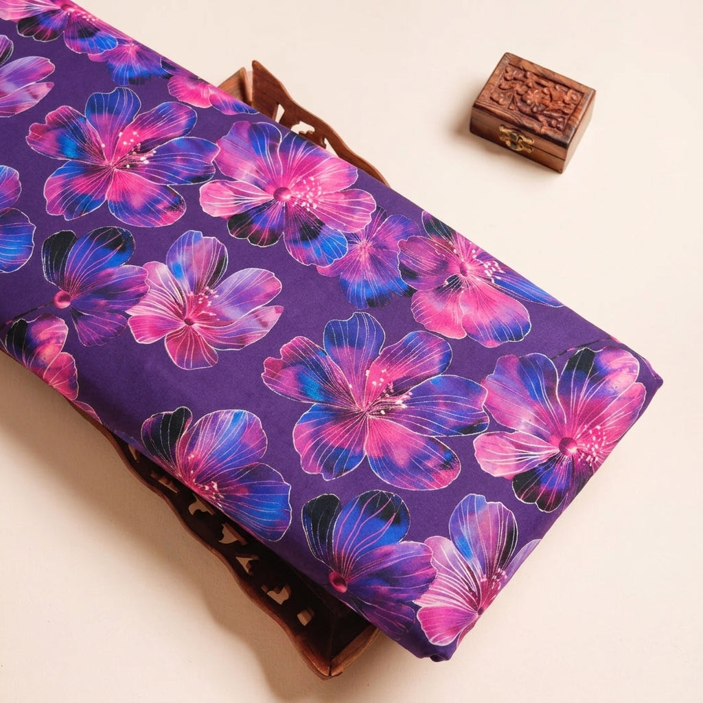 Floral Purple Floral Satin Fabric on a wooden tray