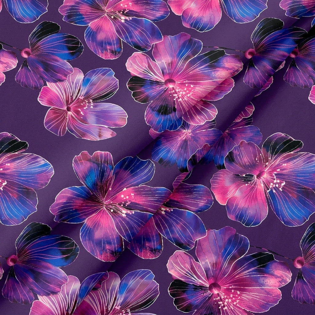 Folded Floral Purple Floral Satin Fabric