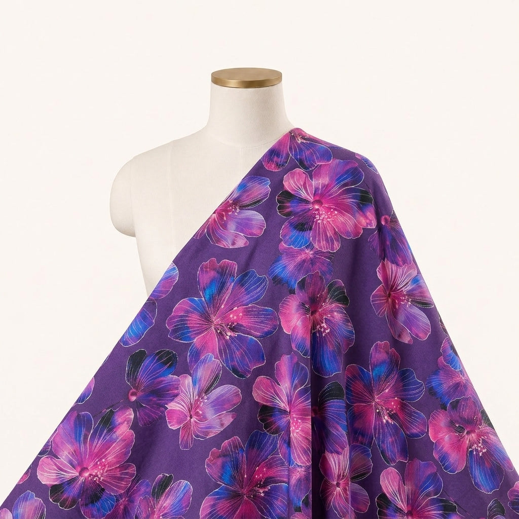 Floral Purple Floral Satin Fabric Draped as a saree