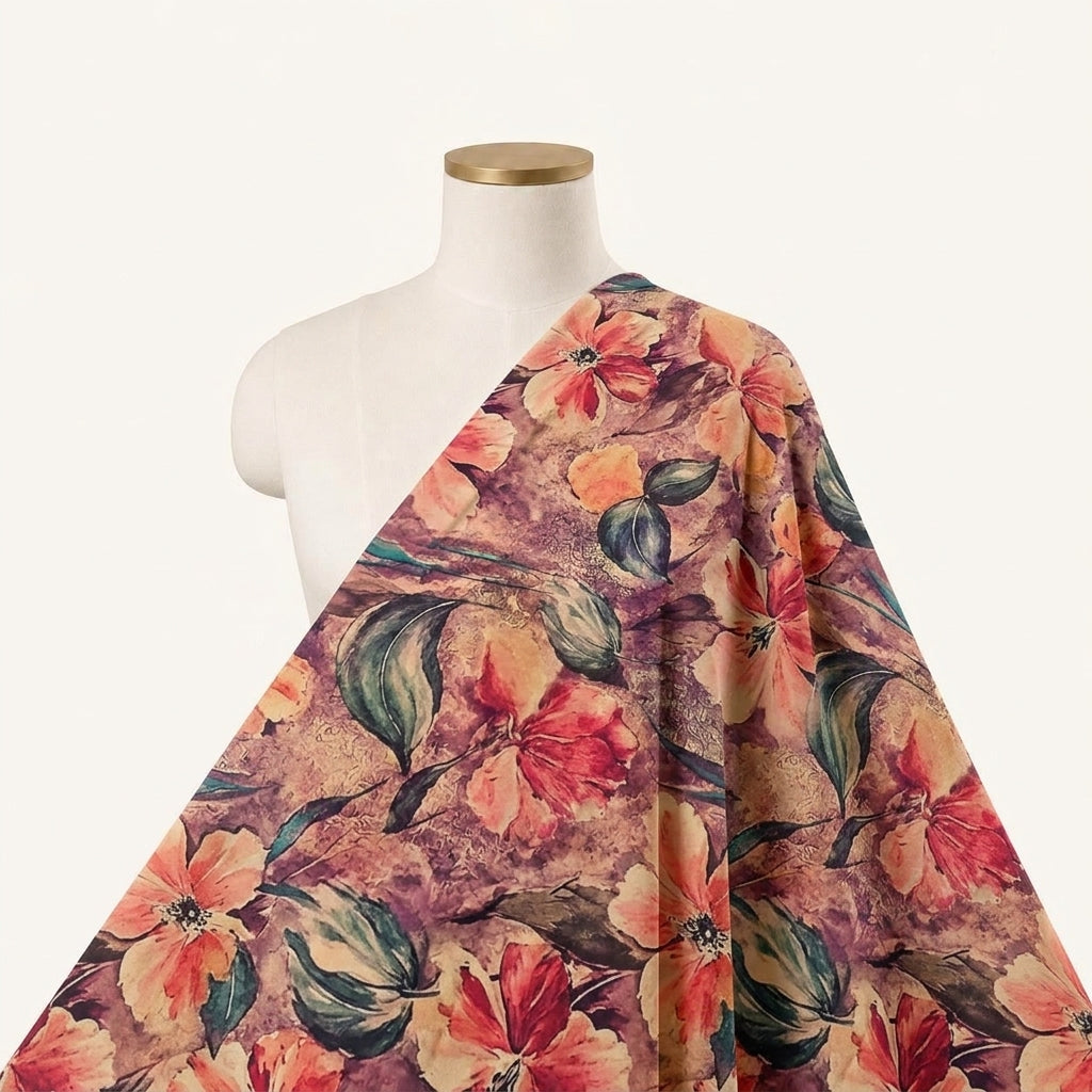 Wine Floral Satin Fabric Draped as a saree
