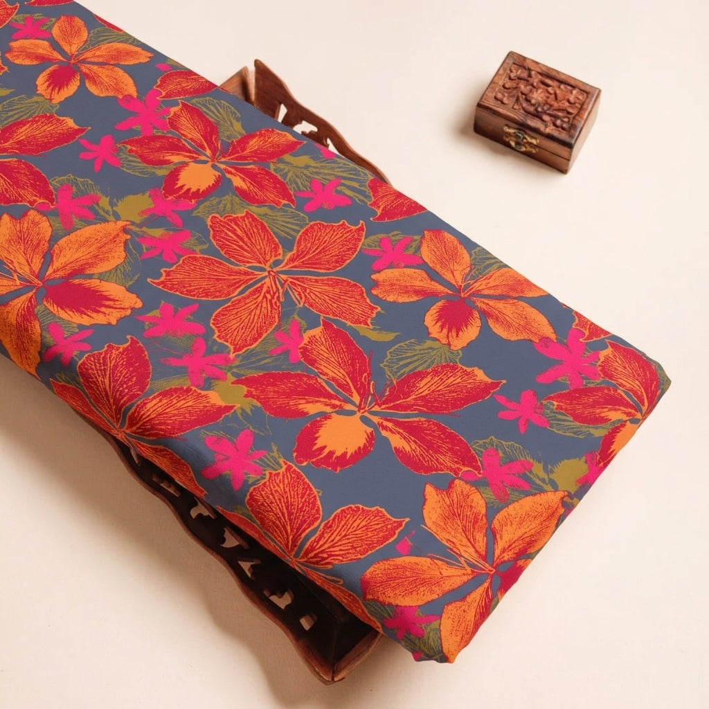 Floral Grey Floral Satin Fabric on a wooden tray