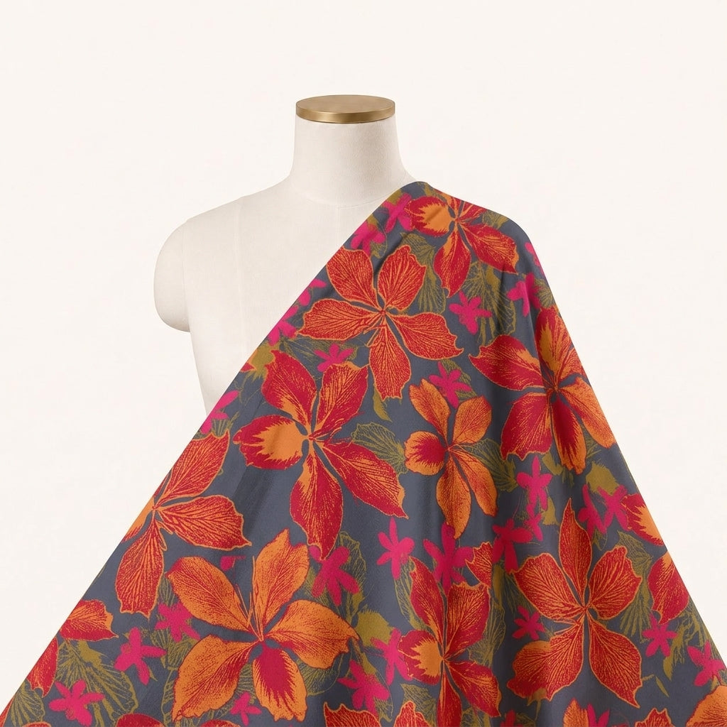 Floral Grey Floral Satin Fabric Draped as a saree