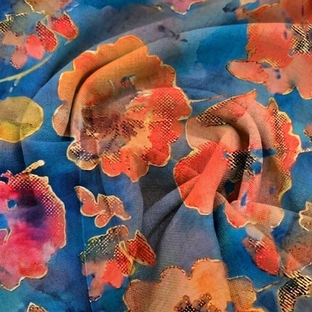 Swirled Floral Blue Floral Satin Fabric
