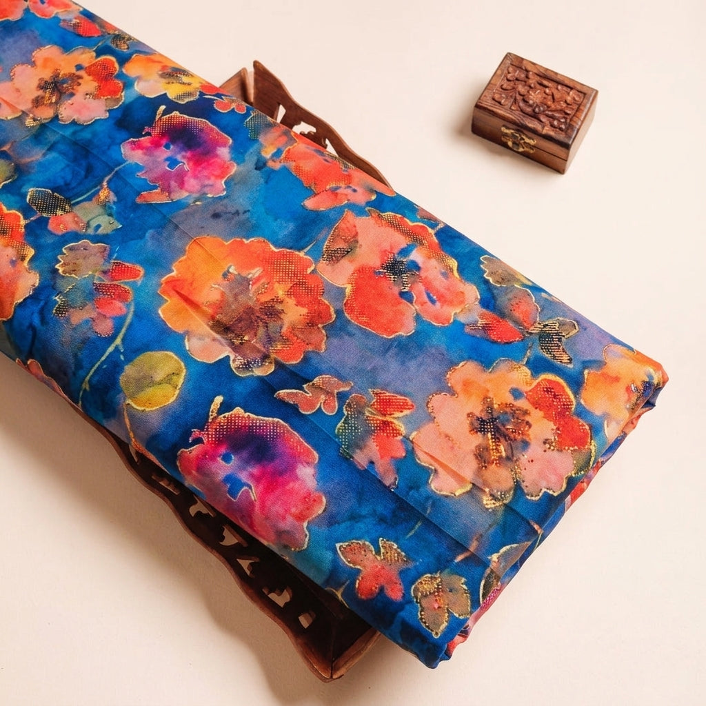 Floral Blue Floral Satin Fabric on a wooden tray
