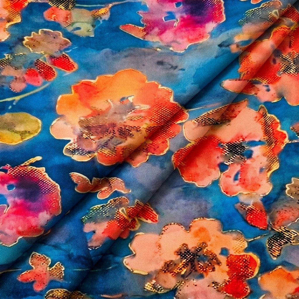 Folded Floral Blue Floral Satin Fabric