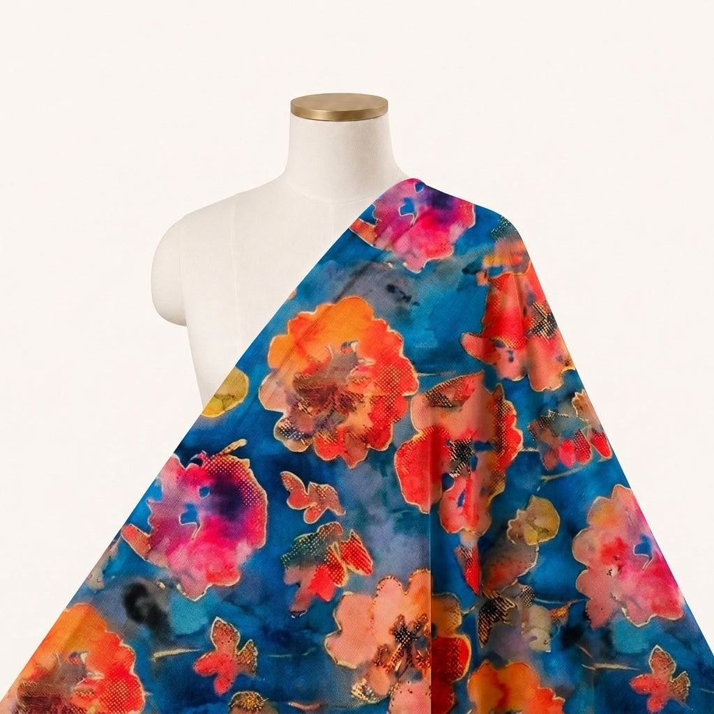 Floral Blue Floral Satin Fabric Draped as a saree