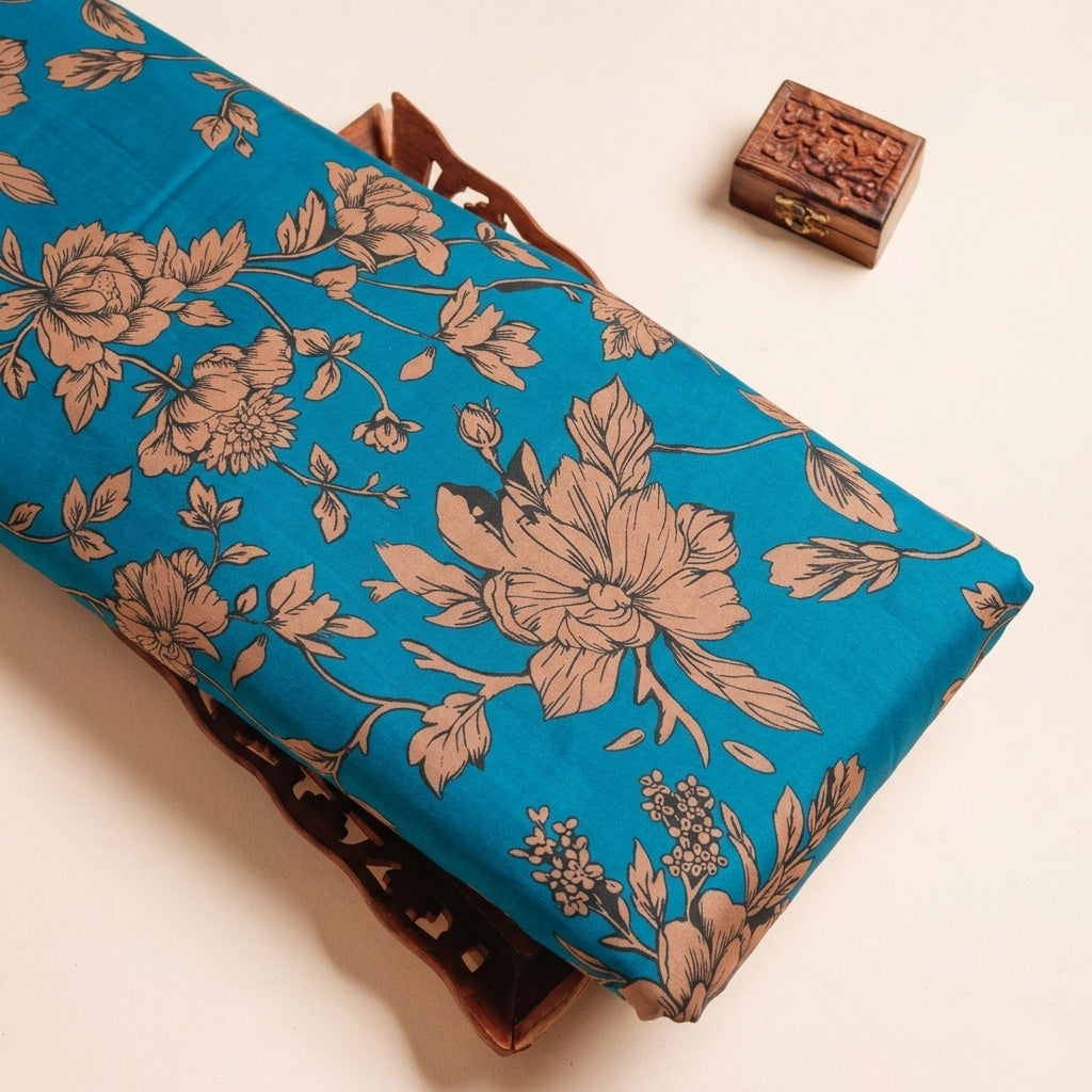 Floral Green Floral Satin Fabric on a wooden tray