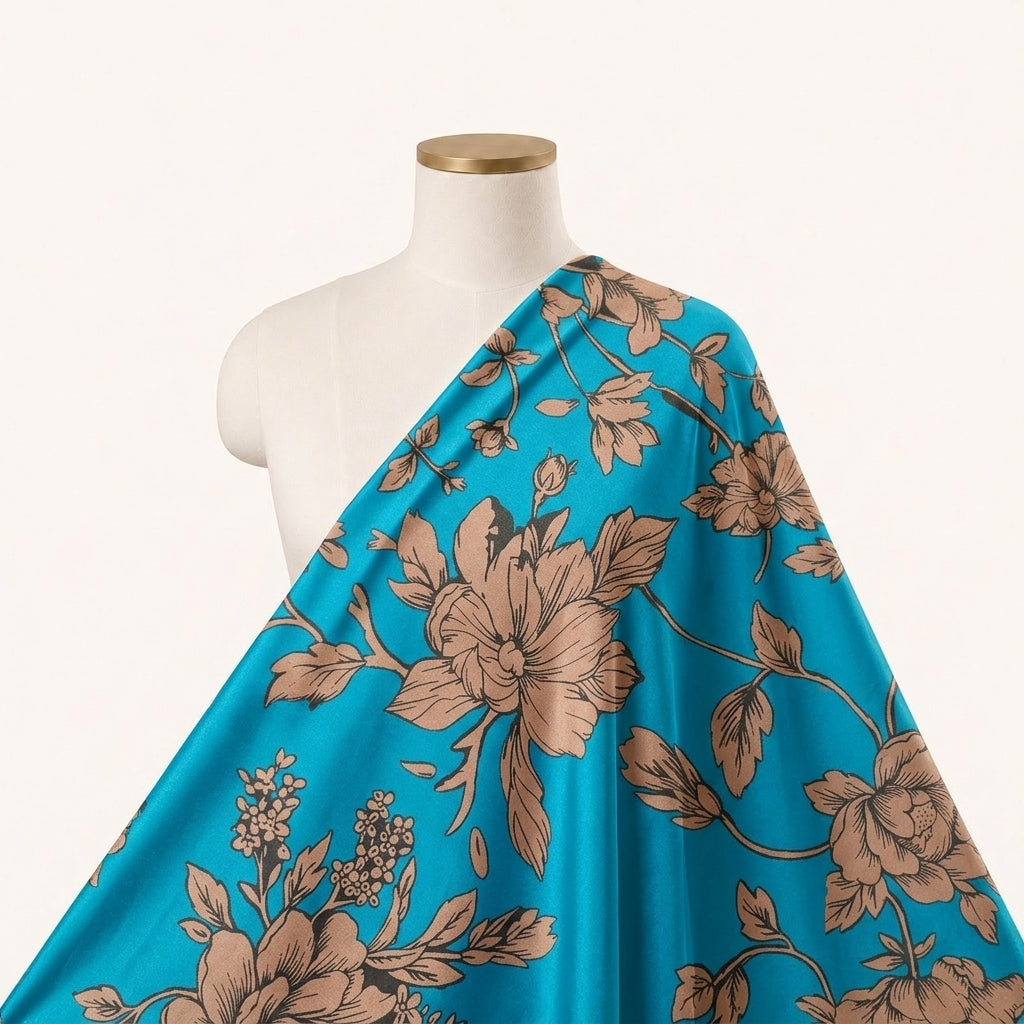 Floral Green Floral Satin Fabric Draped as a saree