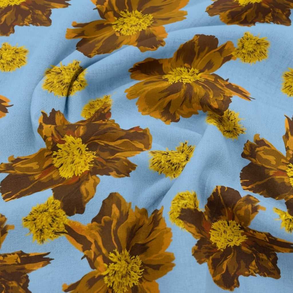 Swirled Floral Blue Floral Satin Fabric
