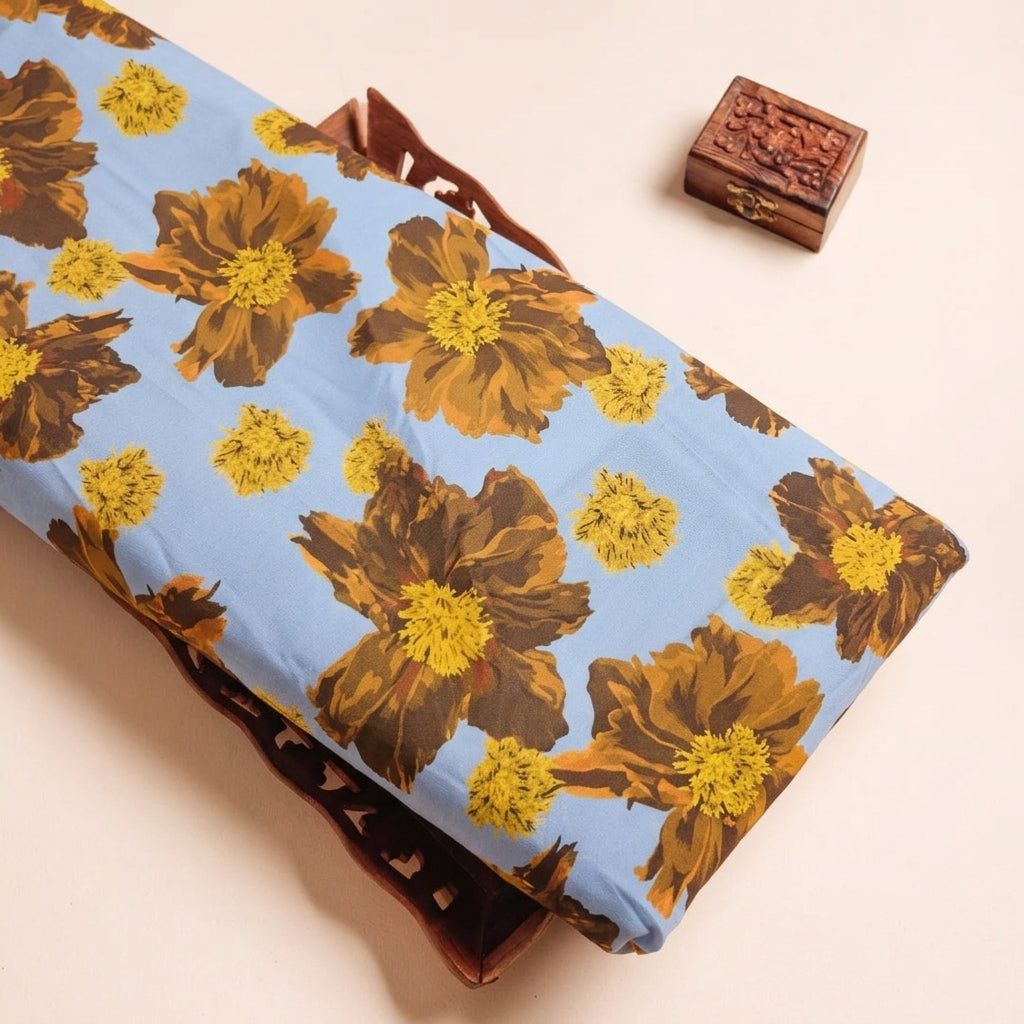 Floral Blue Floral Satin Fabric on a wooden tray