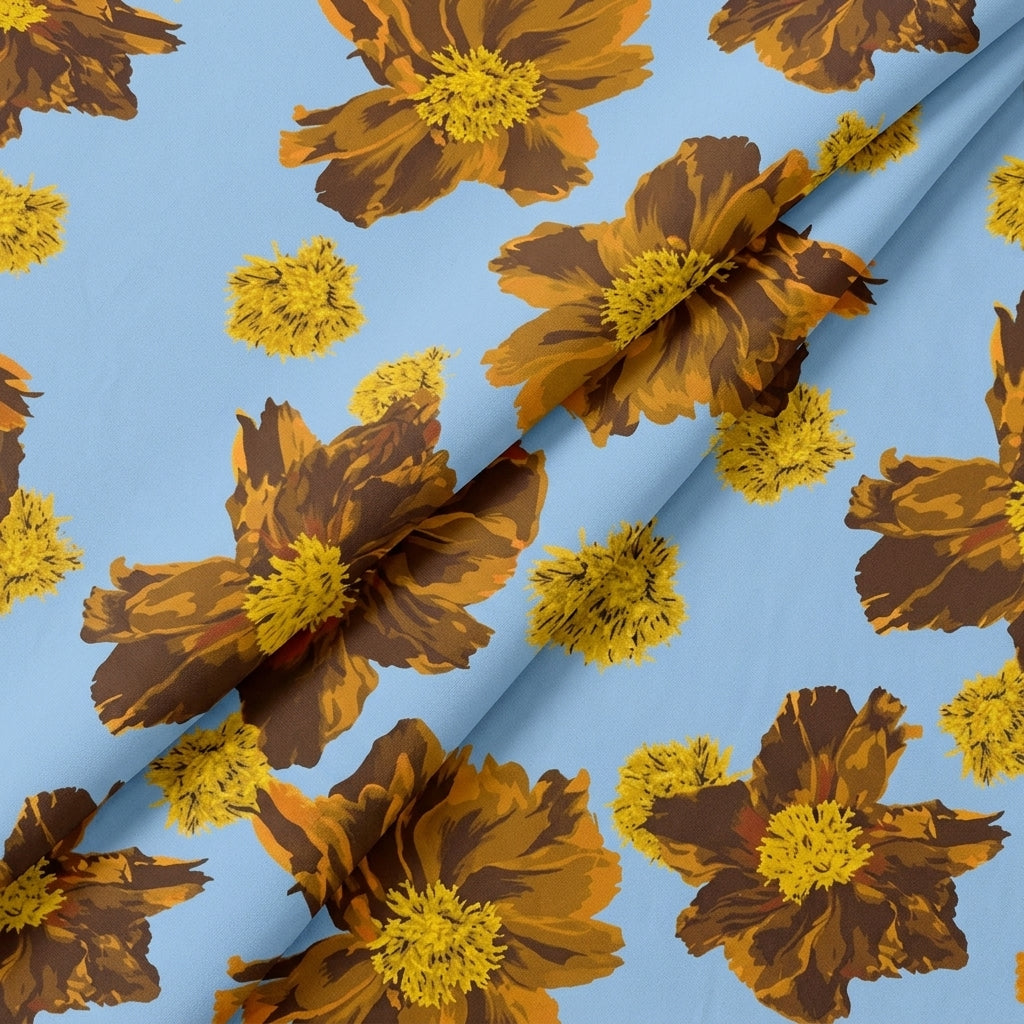 Folded Floral Blue Floral Satin Fabric