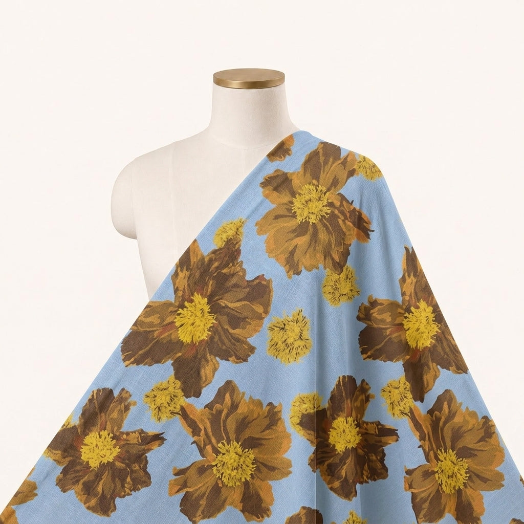Floral Blue Floral Satin Fabric Draped as a saree