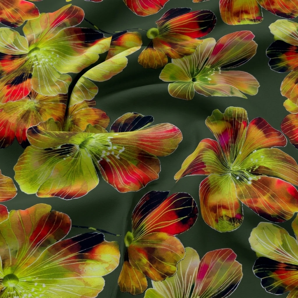 Swirled Floral Green Floral Satin Fabric