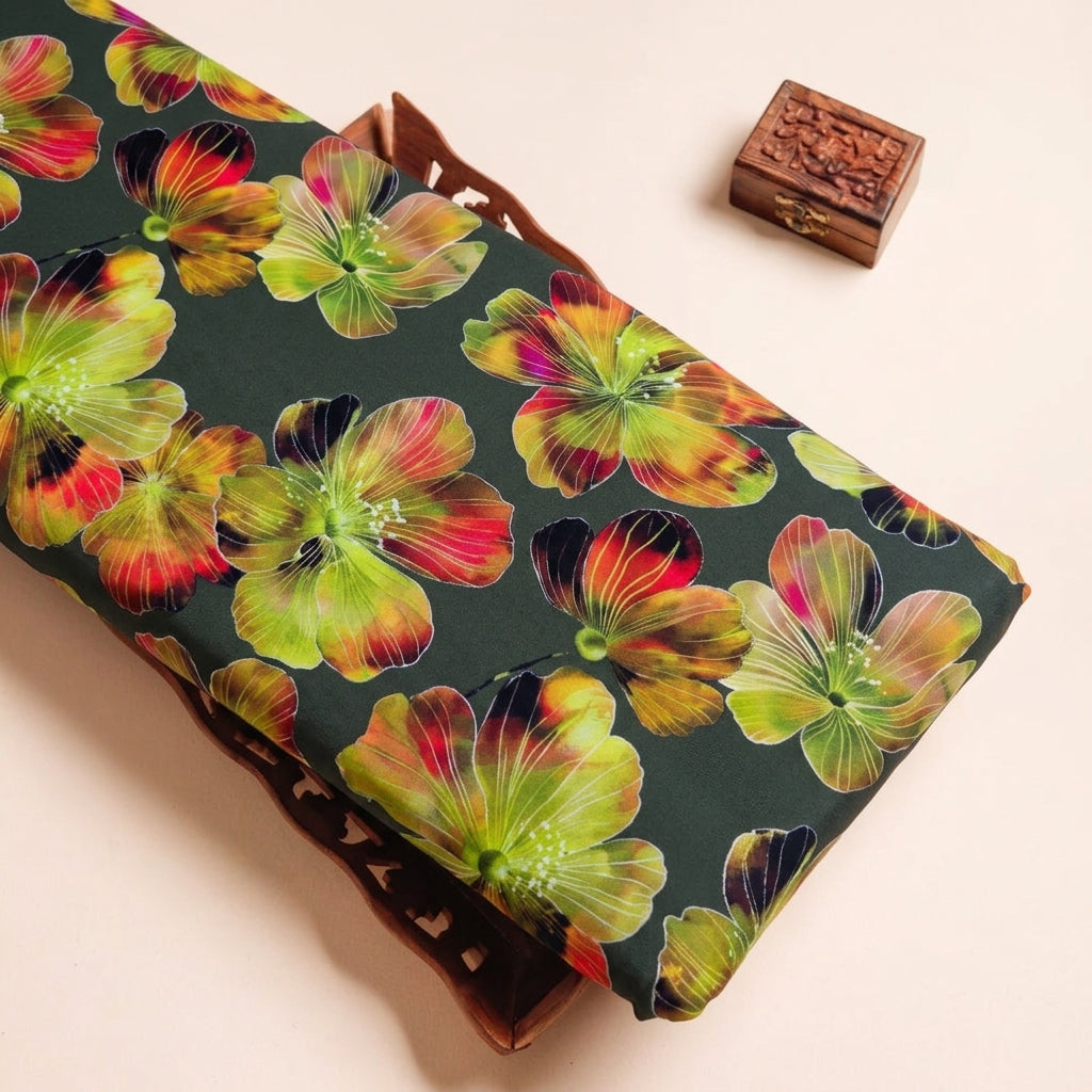 Floral Green Floral Satin Fabric on a wooden tray