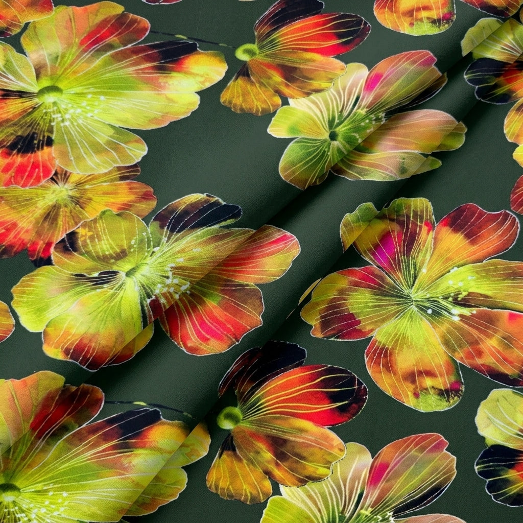 Folded Floral Green Floral Satin Fabric