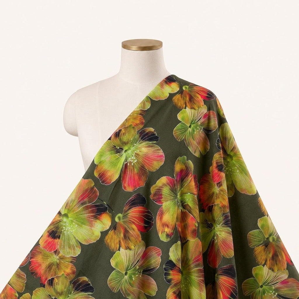 Floral Green Floral Satin Fabric Draped as a saree