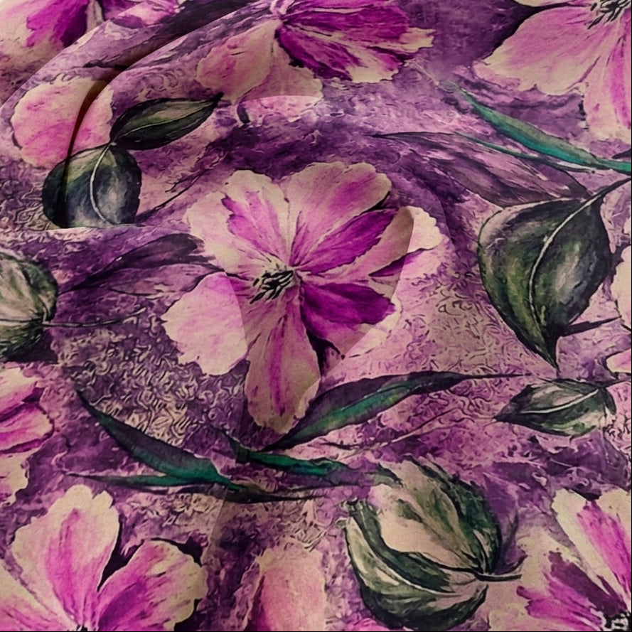 Swirled Purple Floral Satin Fabric Showing Drape