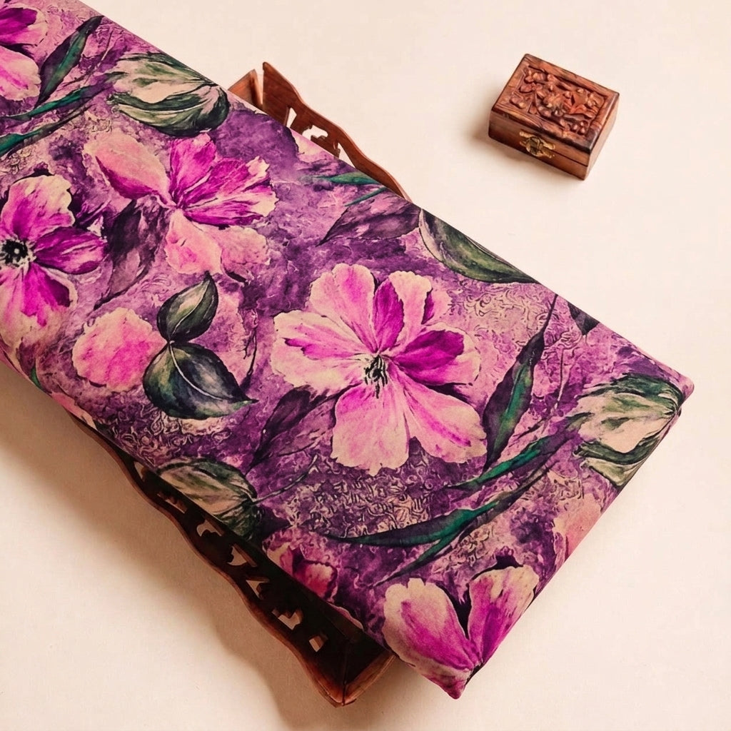 Folded Purple Floral Satin Fabric Highlighting Texture