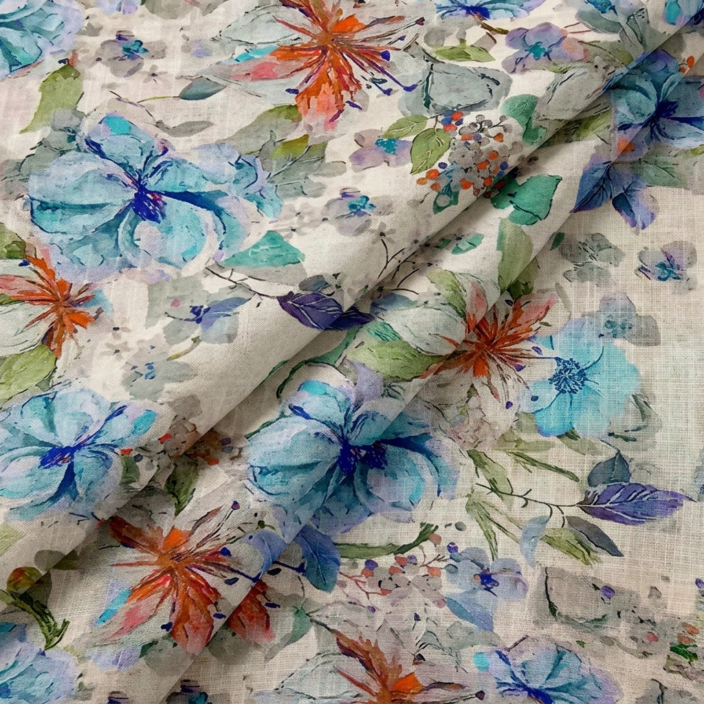 Beige Floral Linen Fabric - EA4437