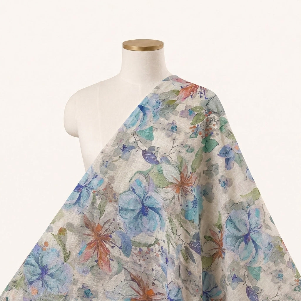 Beige Floral Linen Fabric - EA4437