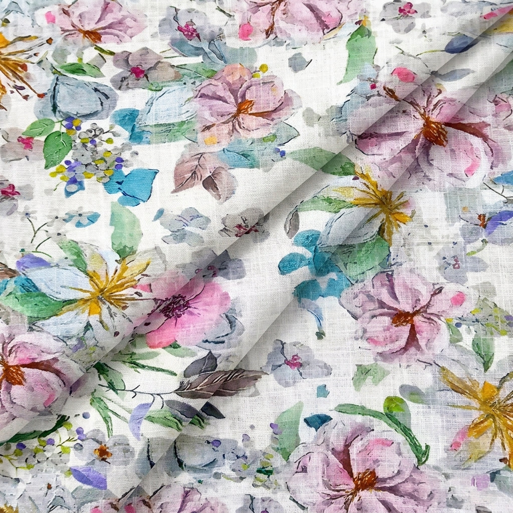 Cream Floral Linen Fabric - EA4440