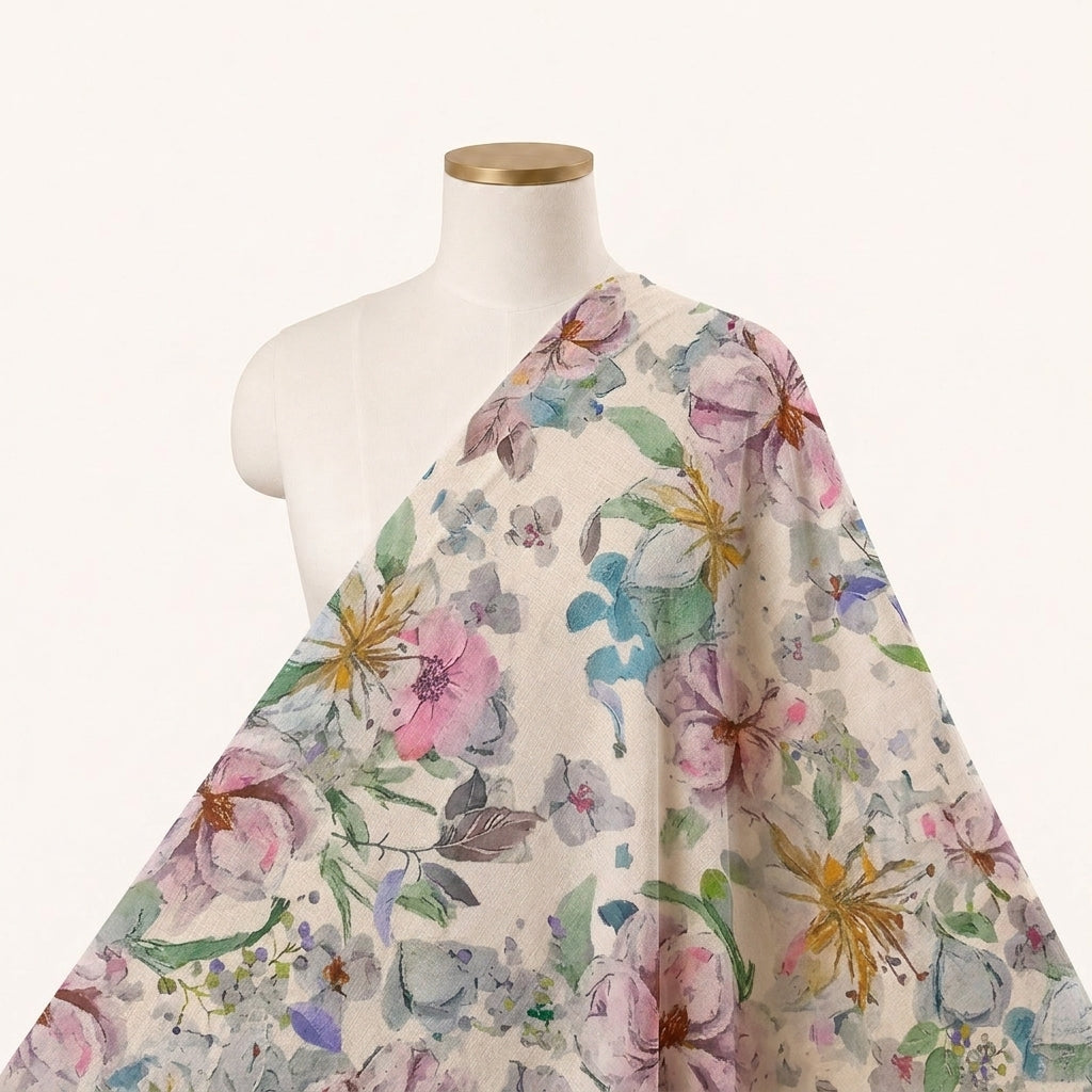 Cream Floral Linen Fabric - EA4440