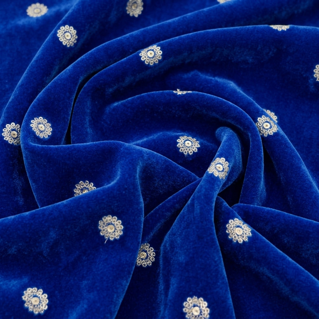 Swirled Embroider Blue Embroider Velvet Fabric
