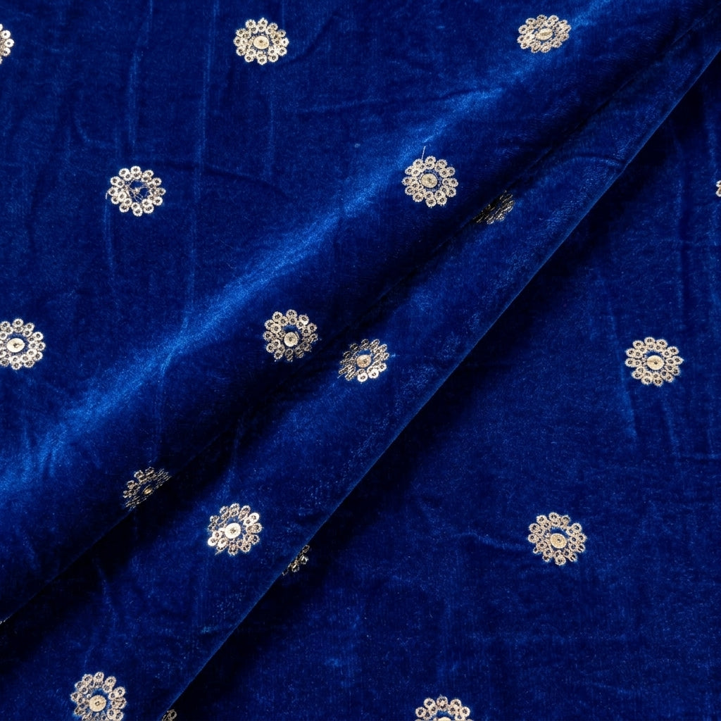 Folded Embroider Blue Embroider Velvet Fabric