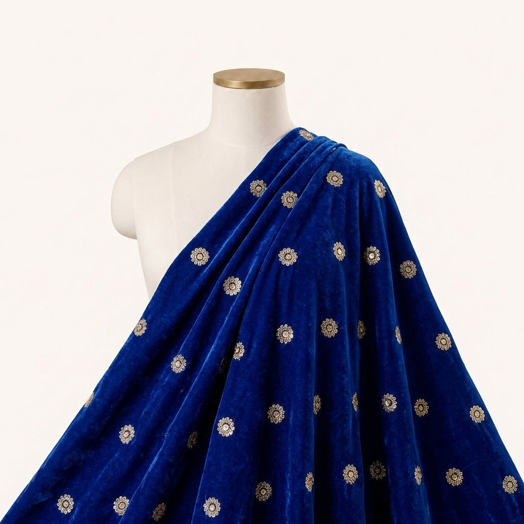 Embroider Blue Embroider Velvet Fabric Draped as a saree
